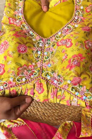 yellow color handwork kediya set with dupatta
