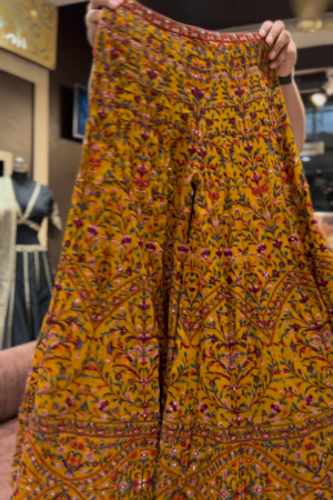 yellow georgette plazzo blouse set with heavy thread embroidery