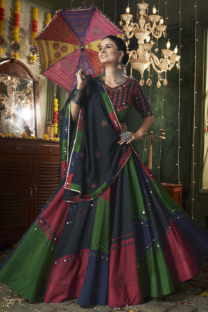 Multi Color Thread Mirror Embellished Maslin Cotton Lehenga Set